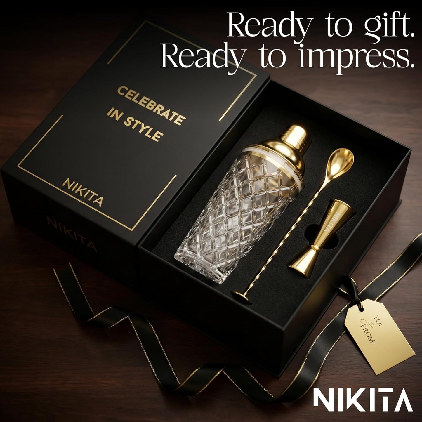 NIKITA by Niki Glass Cocktail Shaker Set, 5-Piece Martini Shaker & Bar