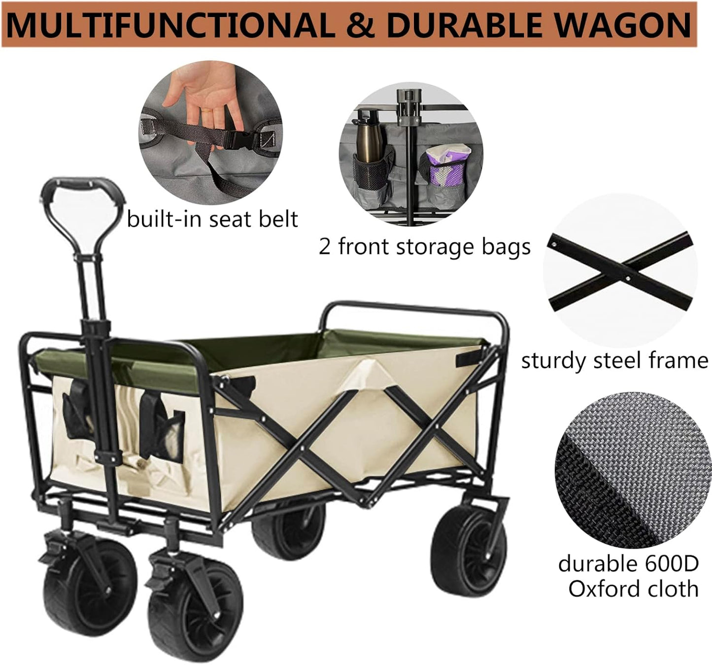 Heavy Duty Collapsible Folding Wagon Cart - Portable All-Terrain Beach & Garden Utility Cart with Wide Wheels for Camping, Fishing, Shopping, Sports - Grey