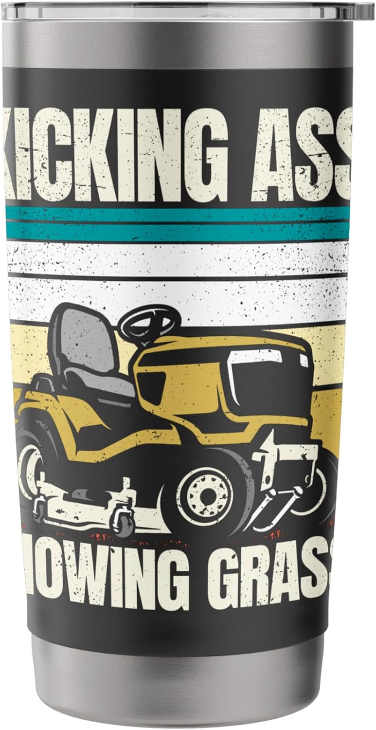 Kicking Ass Mowing Grass Funny Lawn Mower Men Mowing Stainless Steel Insulated Tumbler