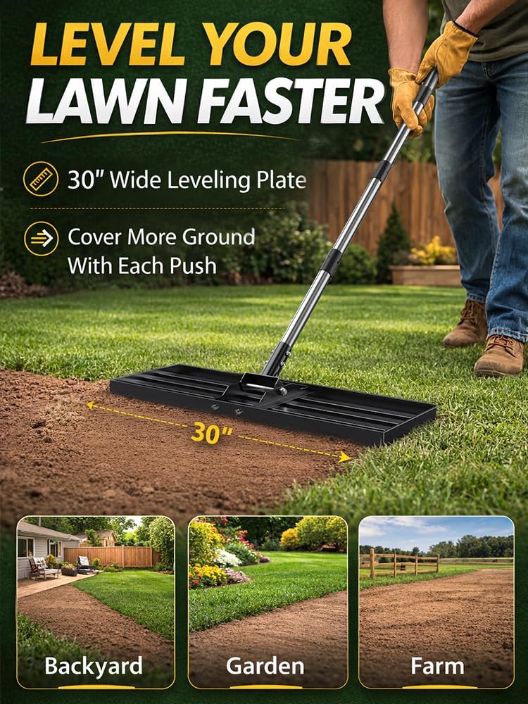 30x10 inch Lawn Leveling Rake, Yumatum 72" Effort Saving Lawn Leveler 