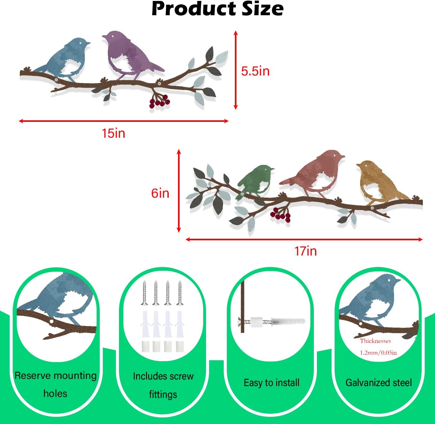 Harikikochuu 2 Pcs Metal Birds Wall Art Decor Robin Bird on the Branch