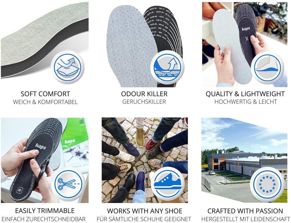 6 Pair Pack Anti Odour Shoe Insoles Set with Odor Eating Charcoal, Shoe Inserts, Kaps Odour Stop