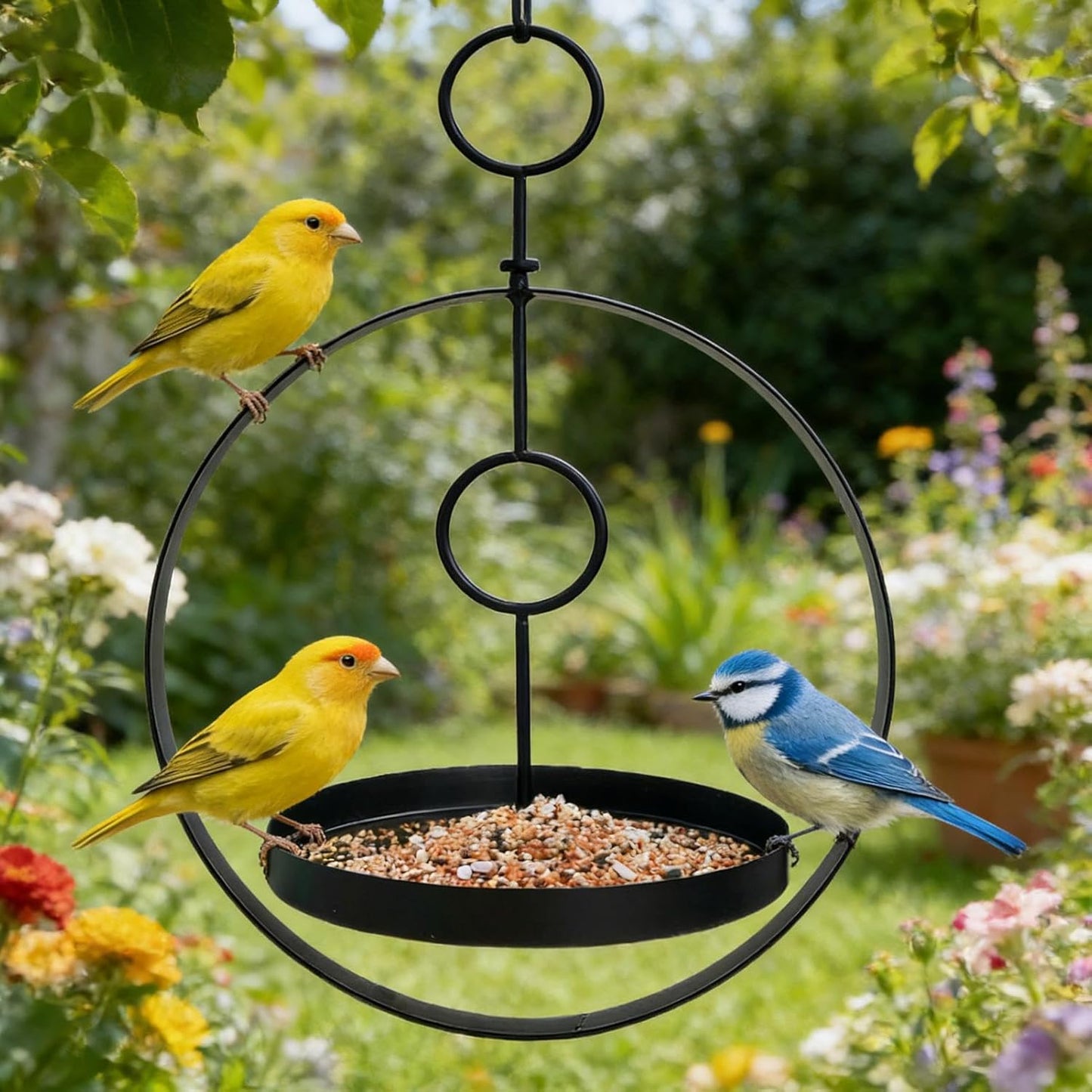 Bird Feeder, Metal Weatherproof Ring Design Feeding Tray with Hooks for Wild Birds, Garden, Patio, Aviary, Finch, Parrots, Pet Outdoor & Indoor Décor