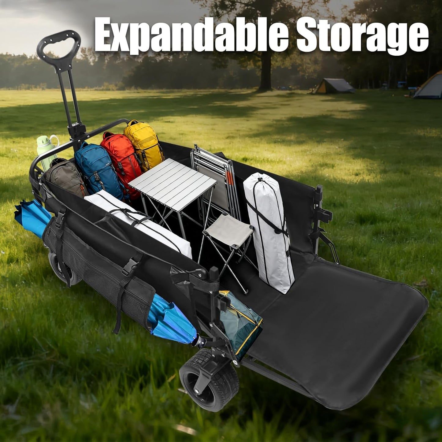 440 LBS Wagons Carts Foldable, Folding Collapsible Wagon Cart with Big All-Terrain Wheels & Cup Holders, Utility Graden Carts for Camping, Beach, Garden and Shopping