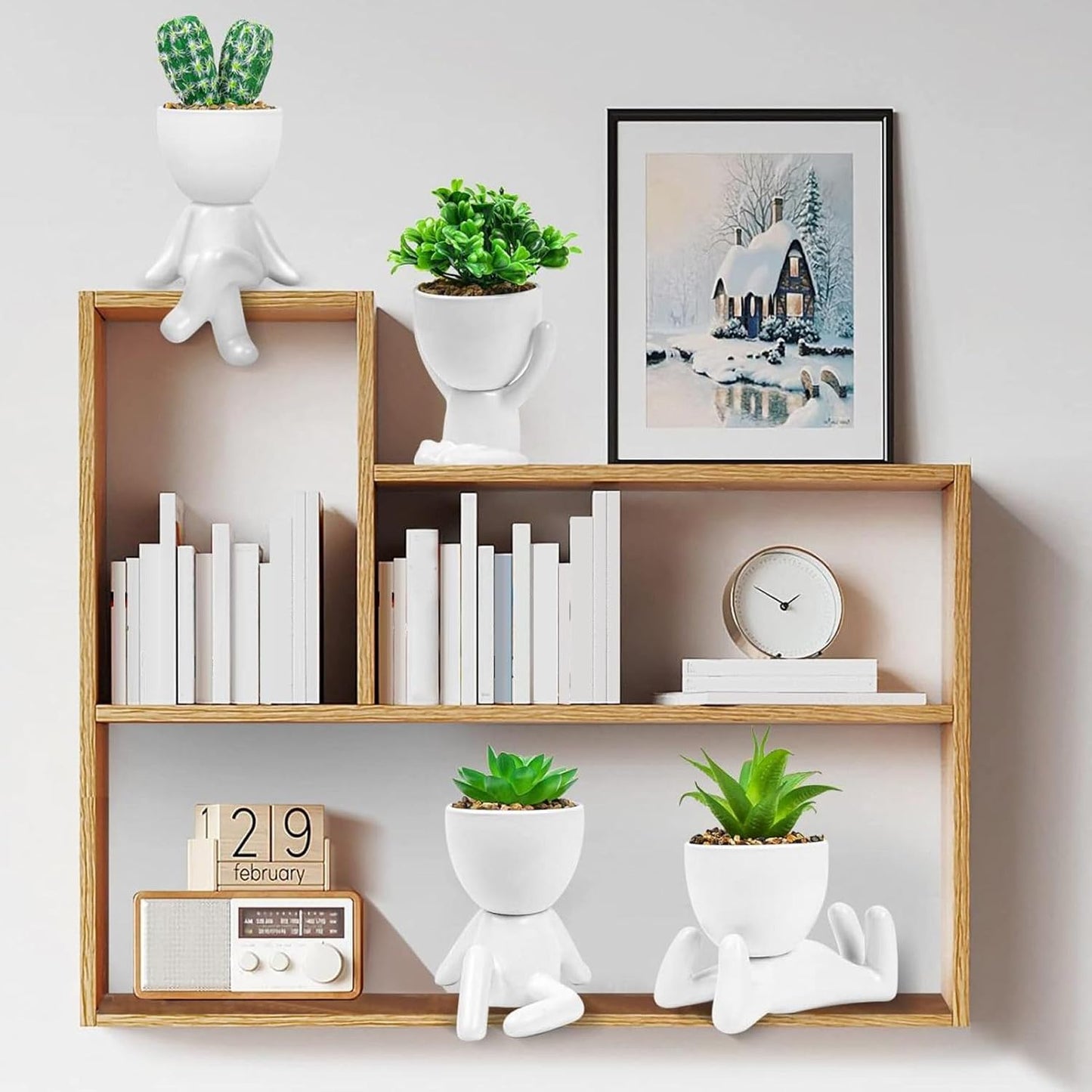 Artificial Succulent Planter Pot Cute Human Shaped Ceramic Plastic Fake Succulents with Pots for Home Office Decoration 4pcs Set