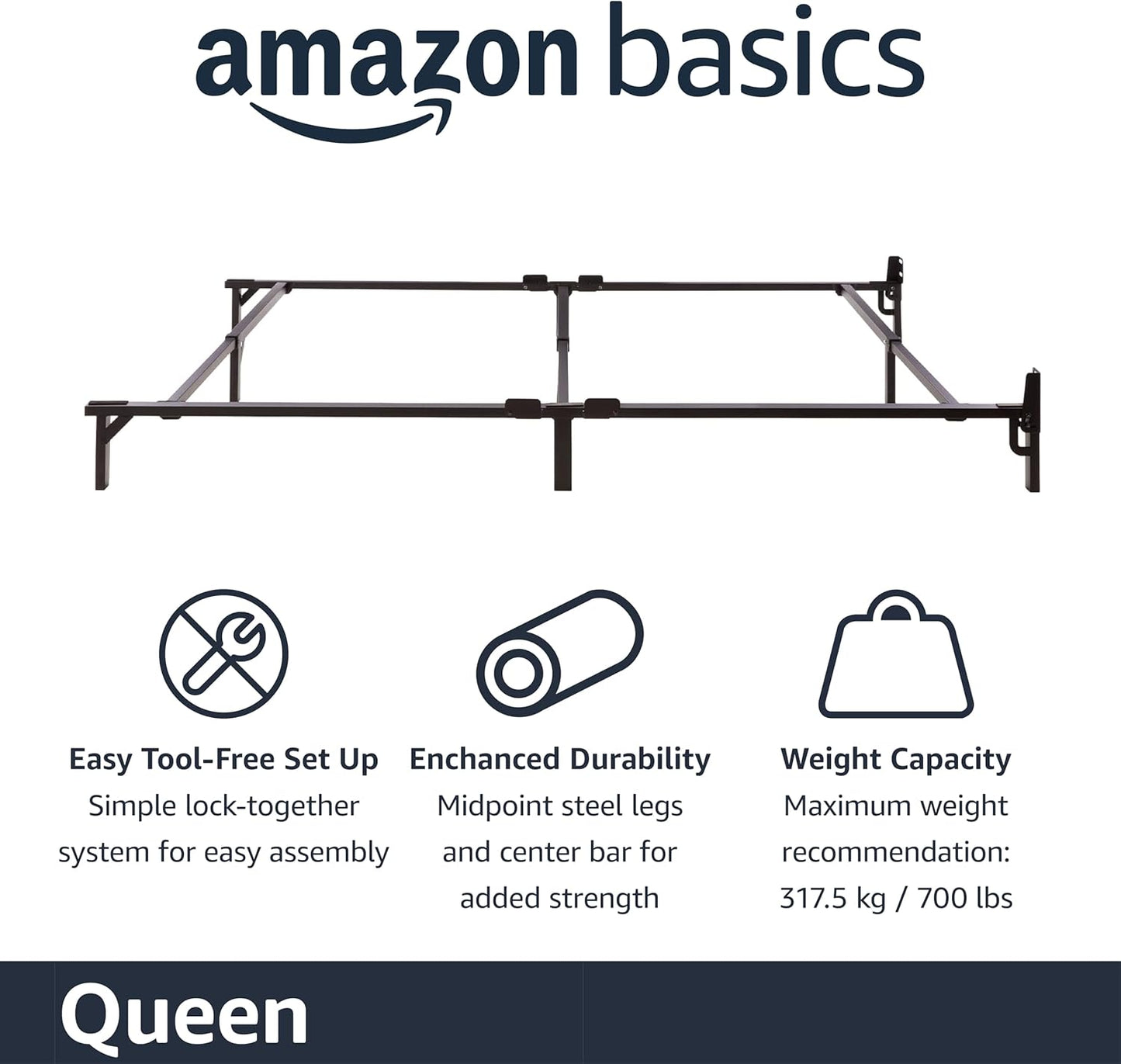 Amazon Basics Metal Bed Frame, 9-Leg Support Base for Box Spring and Mattress, Queen Size, Tool-Free Easy Assembly, 79.5" L x 59.5" W x 7" H, Black