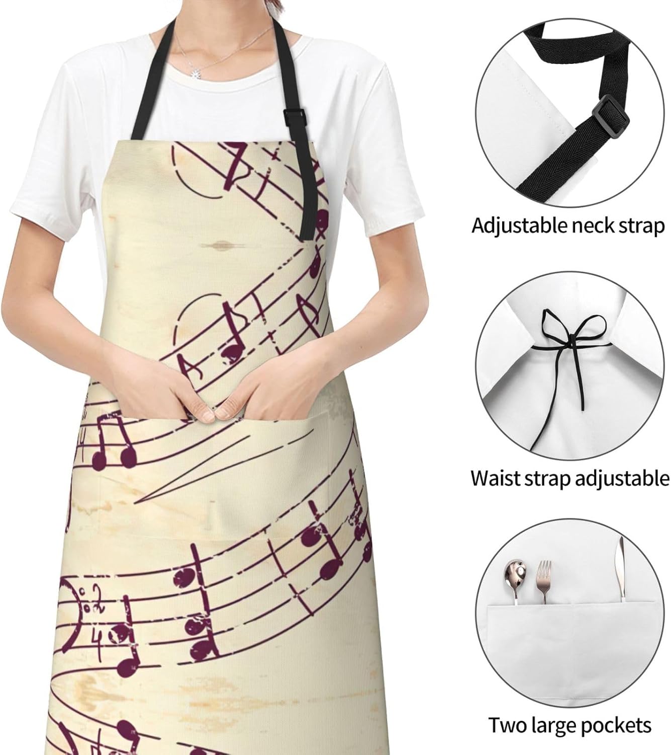 Musical Note Floral Print Laundry apron 28x33 In Waterproof Kitchen Apron with Pockets for Cooking Baking