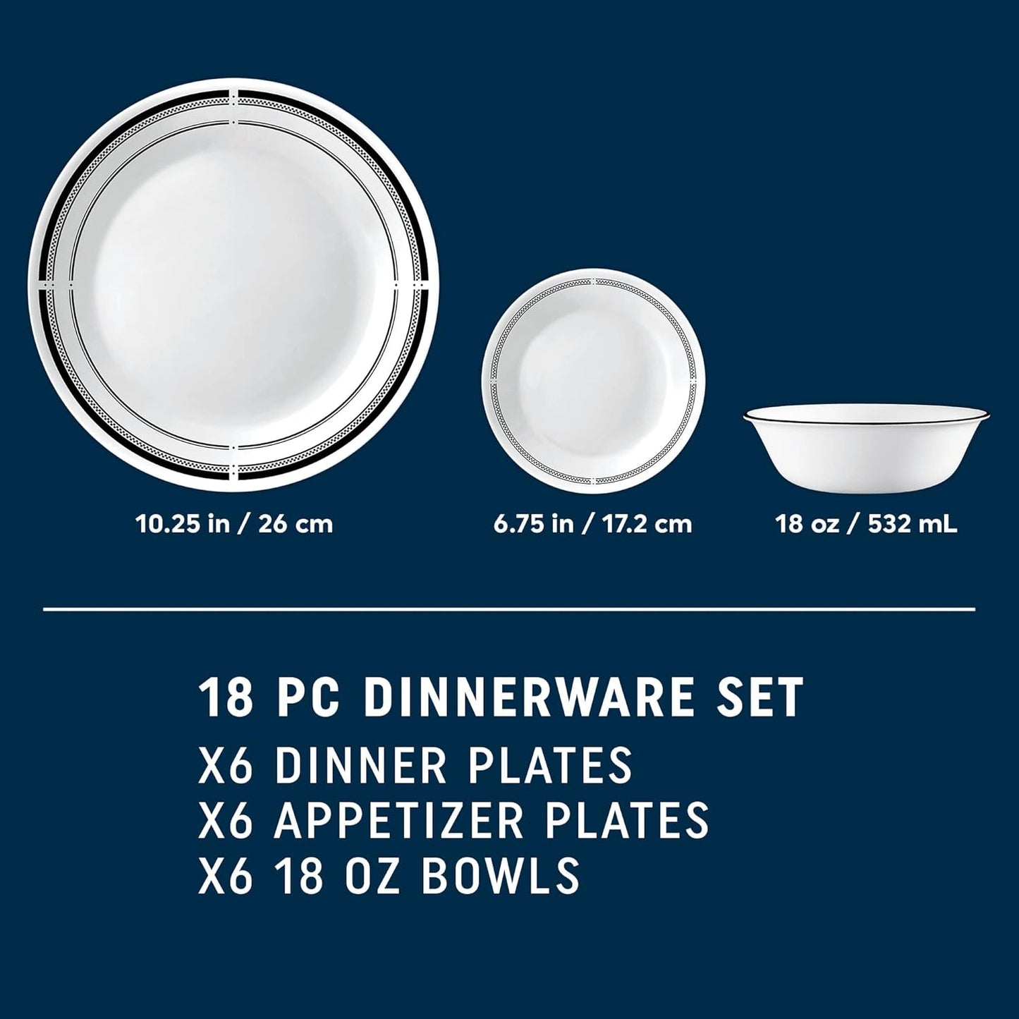 Corelle 18-Piece Round Dinnerware Set Service for 6, Lightweight Round