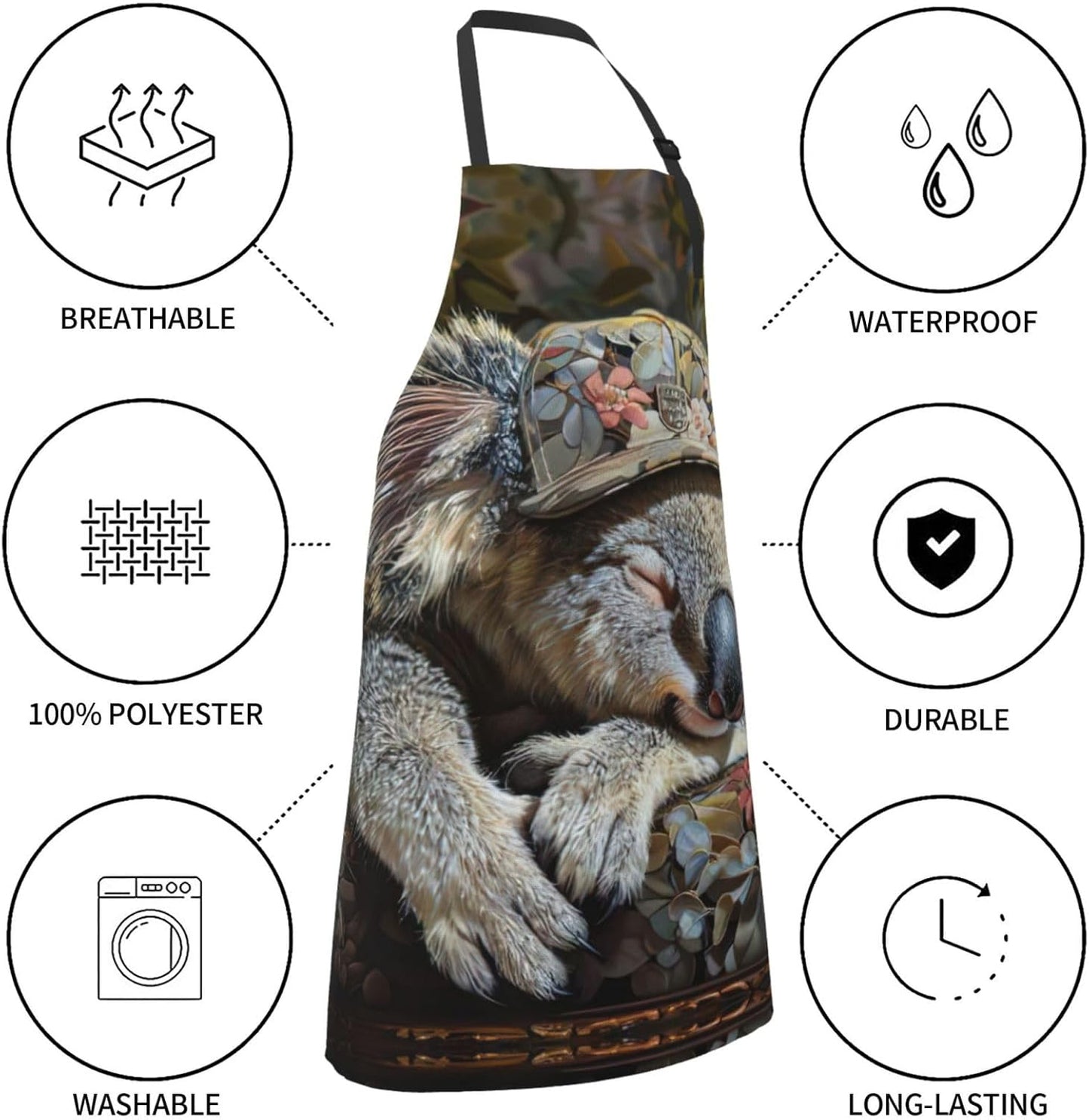 sleeping koala cap Print Laundry apron 28x33 In Waterproof Kitchen Apron with Pockets for Cooking Baking