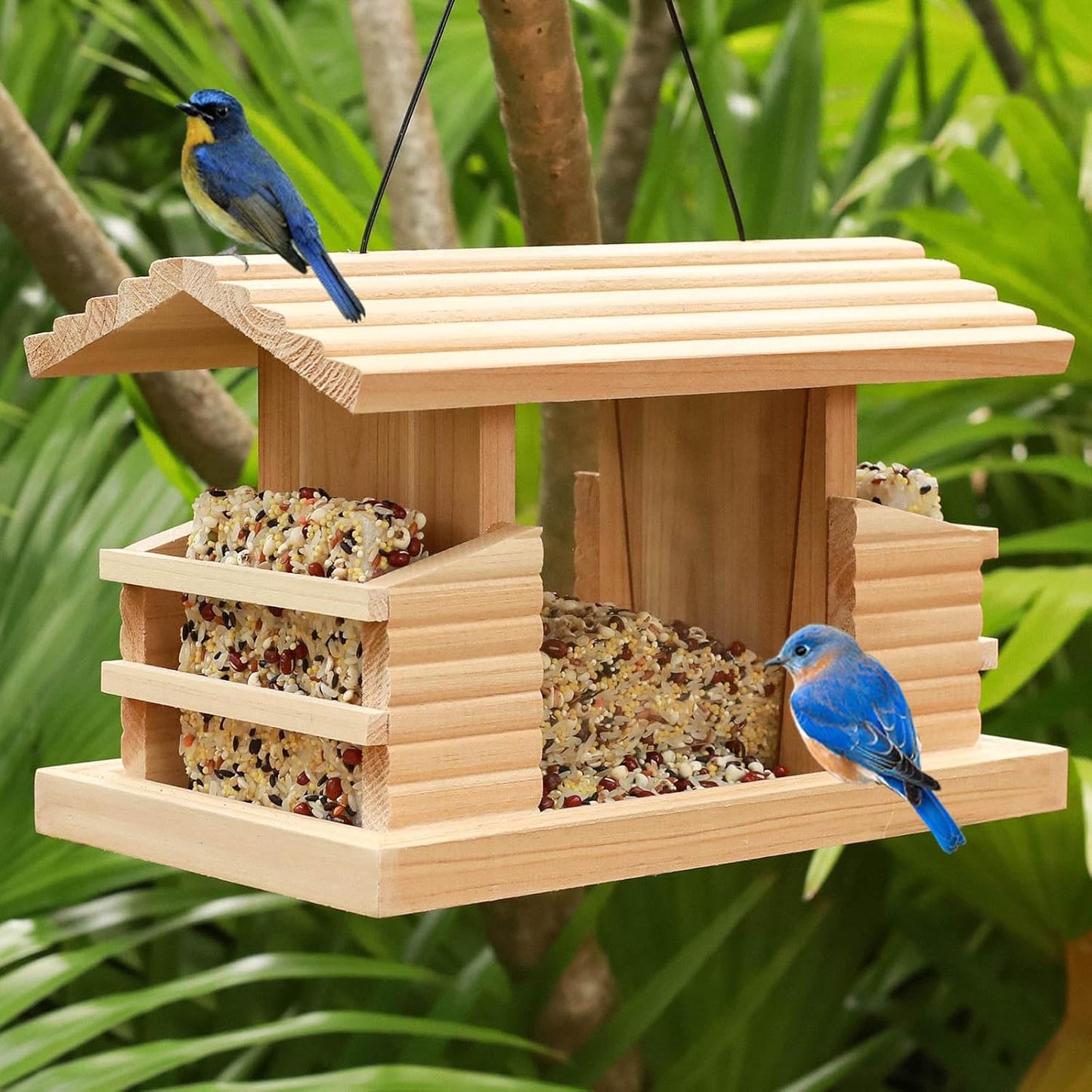 Double Suet Cake Bird Feeder, Wooden Hanging Platform with Windows, Outdoor Wild Bird Mealworm Feeder