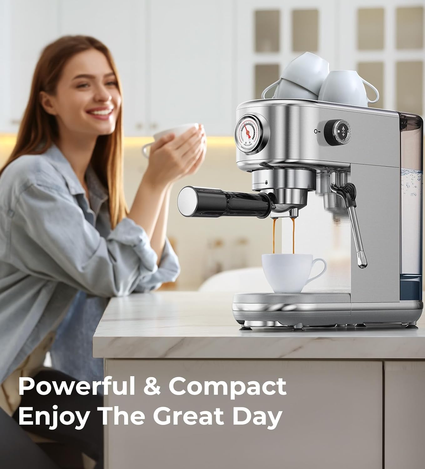 Espresso Machine with Milk Frother, 20 Bar Pressure Espresso Maker, with 44OZ Removable Tank, Compact Stainless Steel Coffee Machine for Home, Office, Latte, Cappuccino, Macchiato, Silver