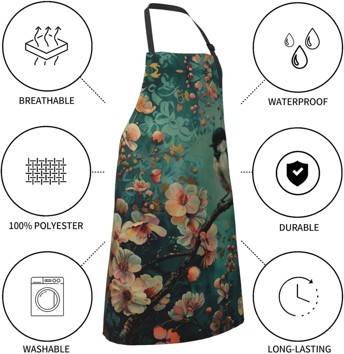 Flower and Bird Art print Waterproof apron with pocket adjustable cooking apron for adult kitchen bibs to bake