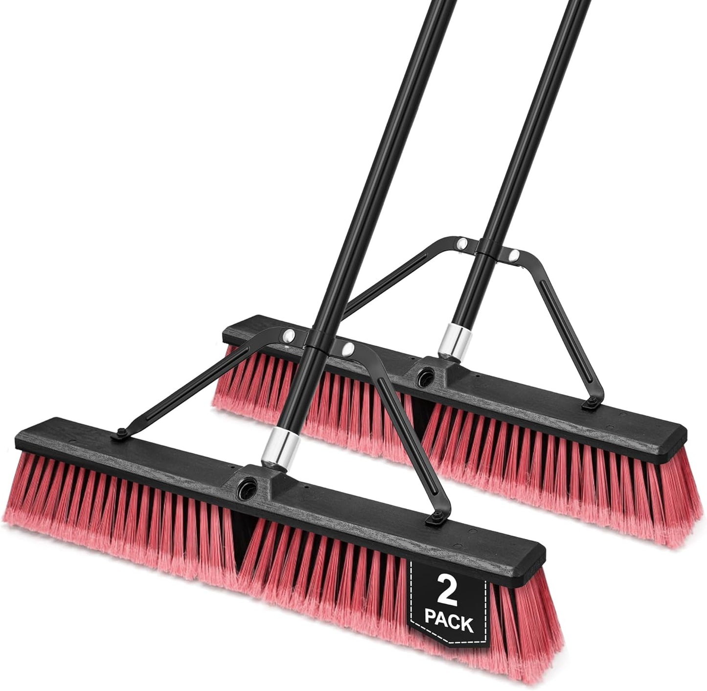 24” Push Broom Outdoor Heavy Duty 2 Pack, Large Commercial Stiff Bristle Brush with 63 inches Long Handle for Garage Shop Garden Yard Patio Deck Street Warehouse Lawn Driveway (Red)