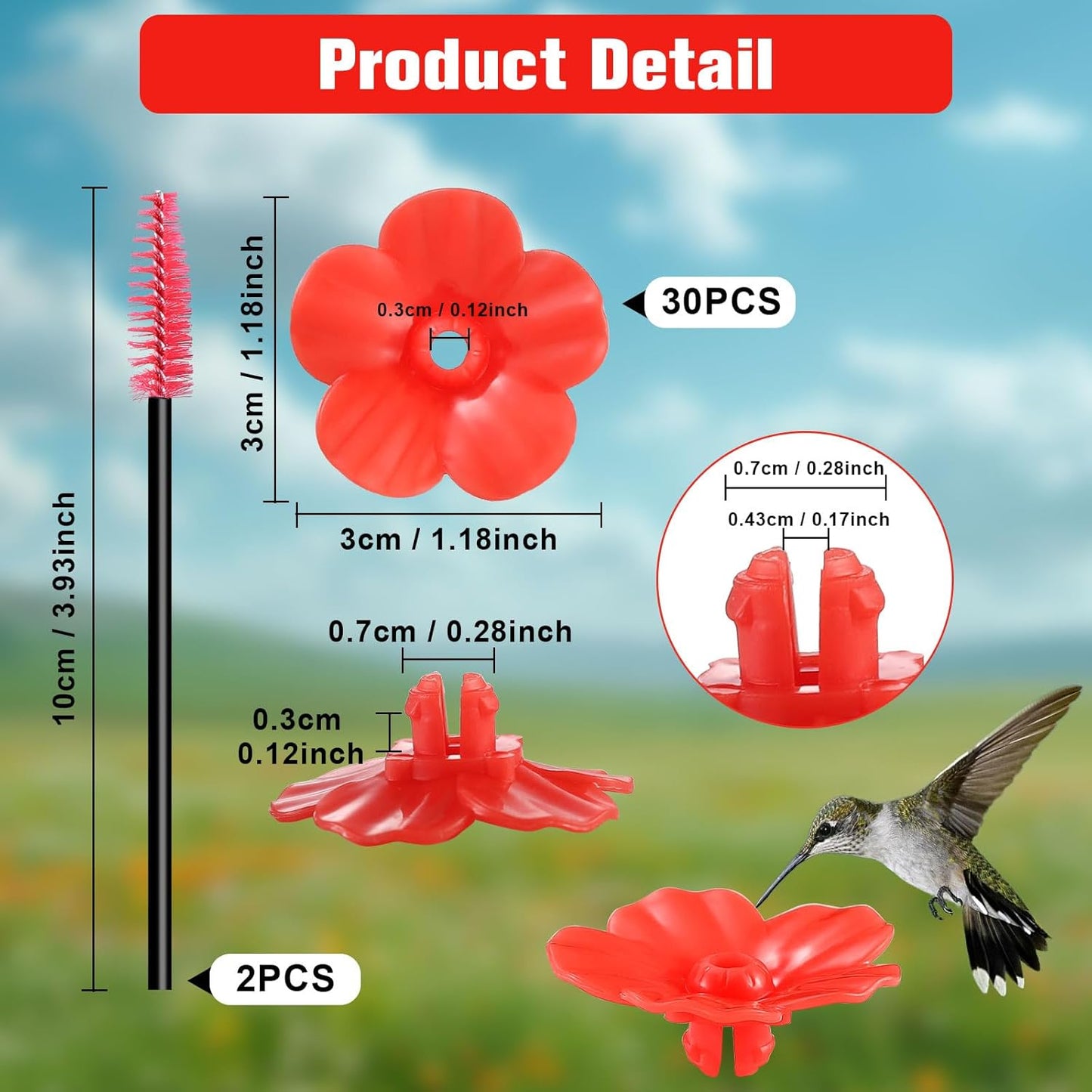30 Hummingbird Feeder Replacement Flowers with 2 Brushes - Fits 0.24"-