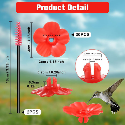 30 Hummingbird Feeder Replacement Flowers with 2 Brushes - Fits 0.24"-