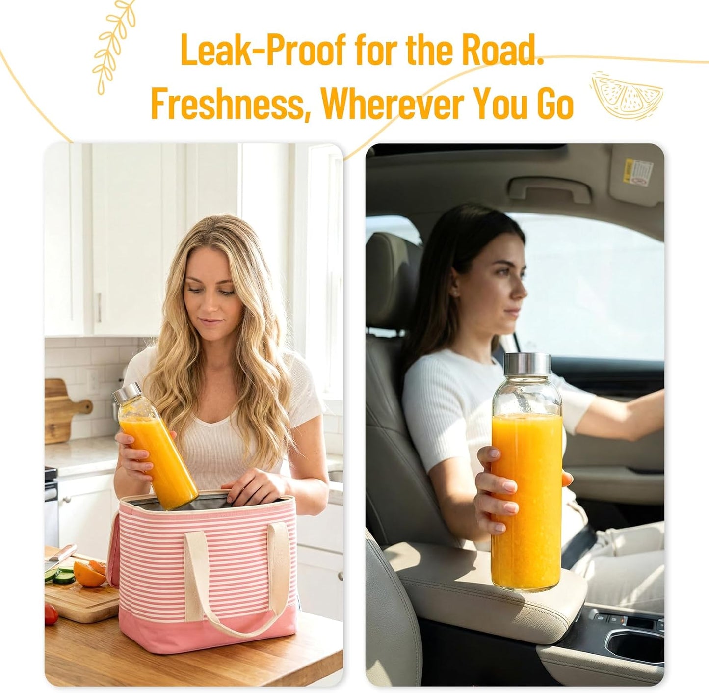 Clear Glass Bottles with Lids 18 oz, Reusable Glass Water Bottles with Stainless Steel Cap for Refrigerator, Juicing, 100% Leak Proof, BPA Free, Juice Bottle Drinking Jar Containers Set of 6