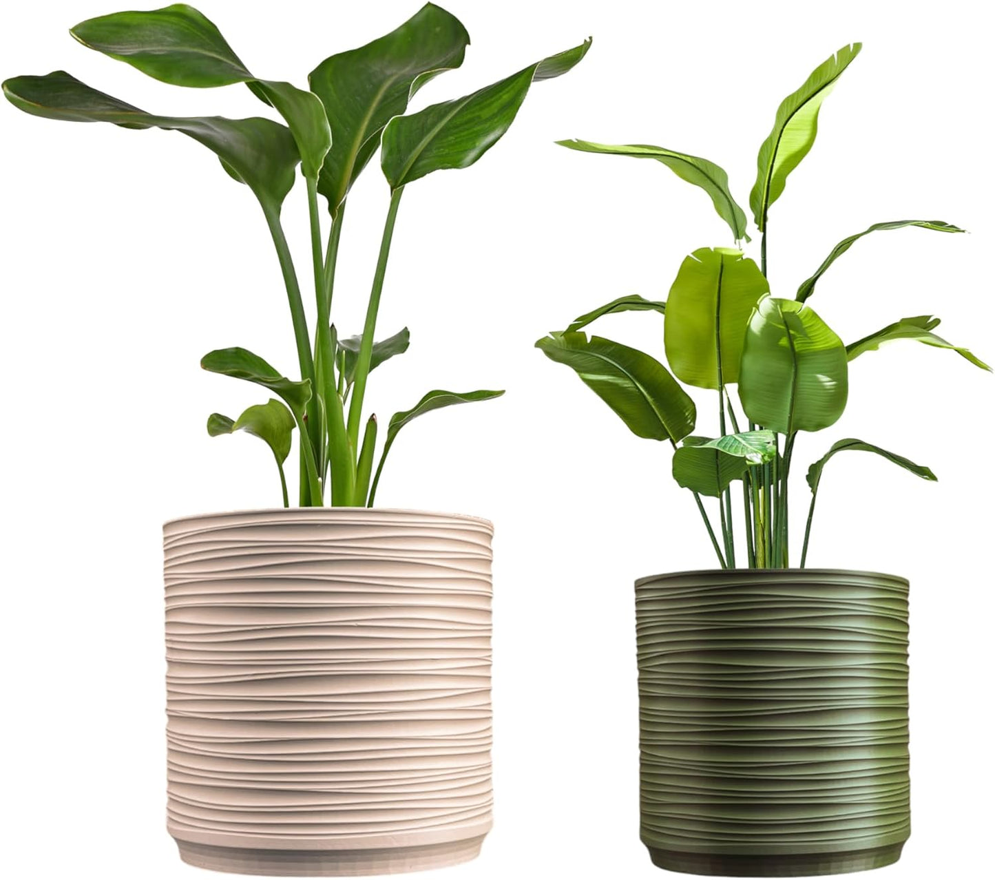 happimess USA2004A-2SET Flo MidCentury Modern Indoor Ripple Sustainability 3D Printed Planters with Drainage, Sand/Olive (Set of 2)