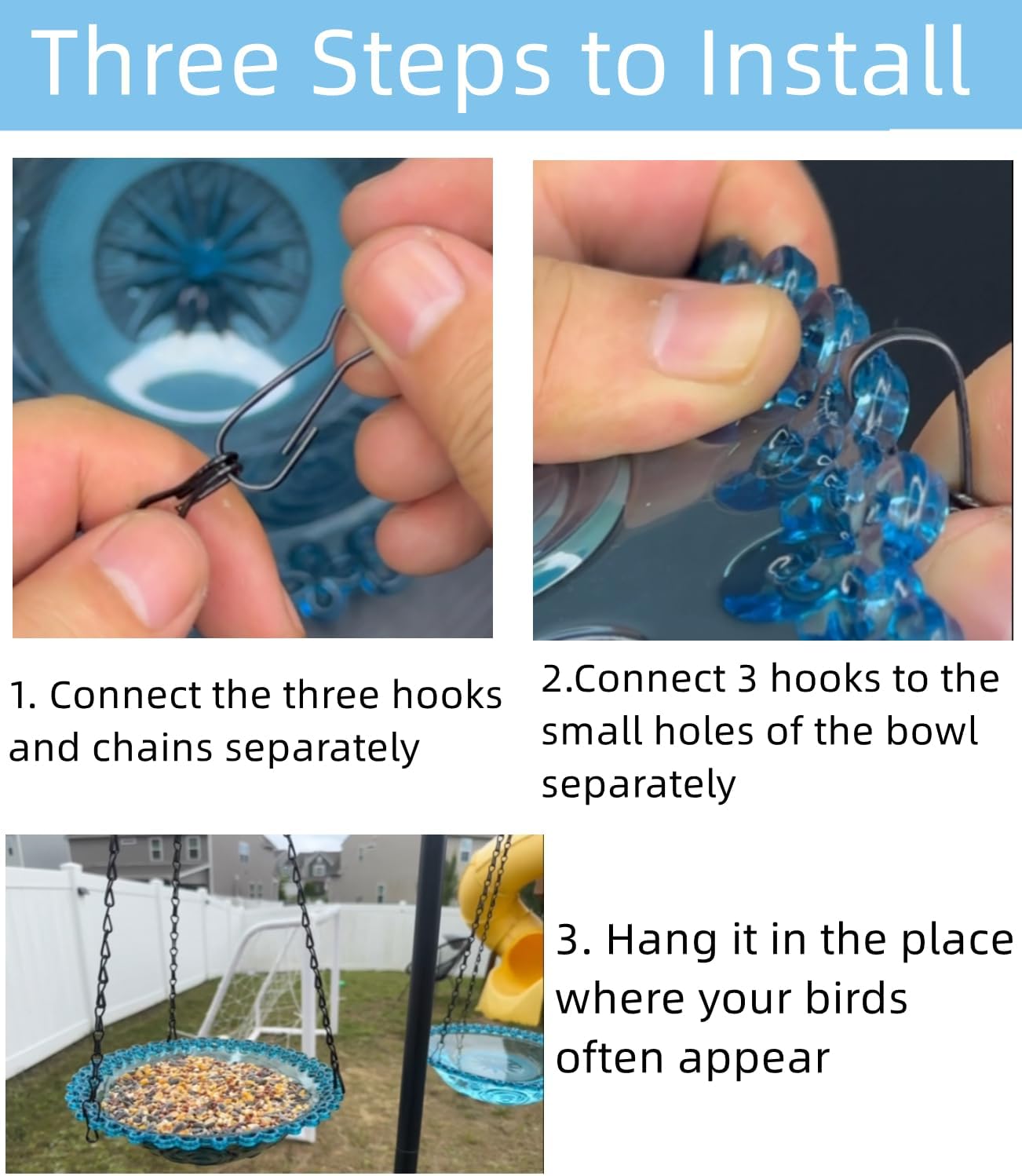 2 Pack Hanging Bird Baths and Feeders for Outdoors, Plastic Bird Bath Bowl & Hanging Feeder for Garden Yard Decor,Nature Blue