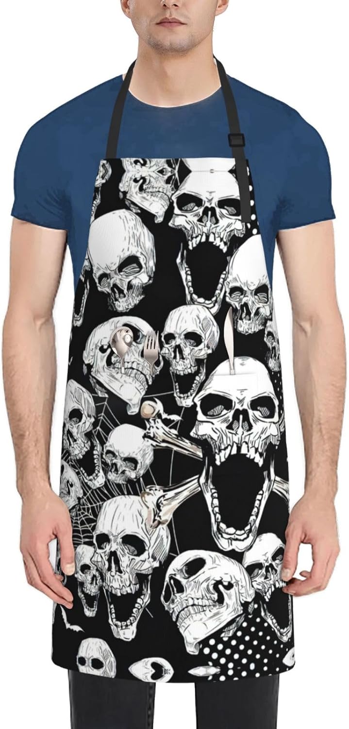 skull background Print 28x33 In Adult Kitchen Apron with Pockets Versatile Chef Smock for Cooking Baking