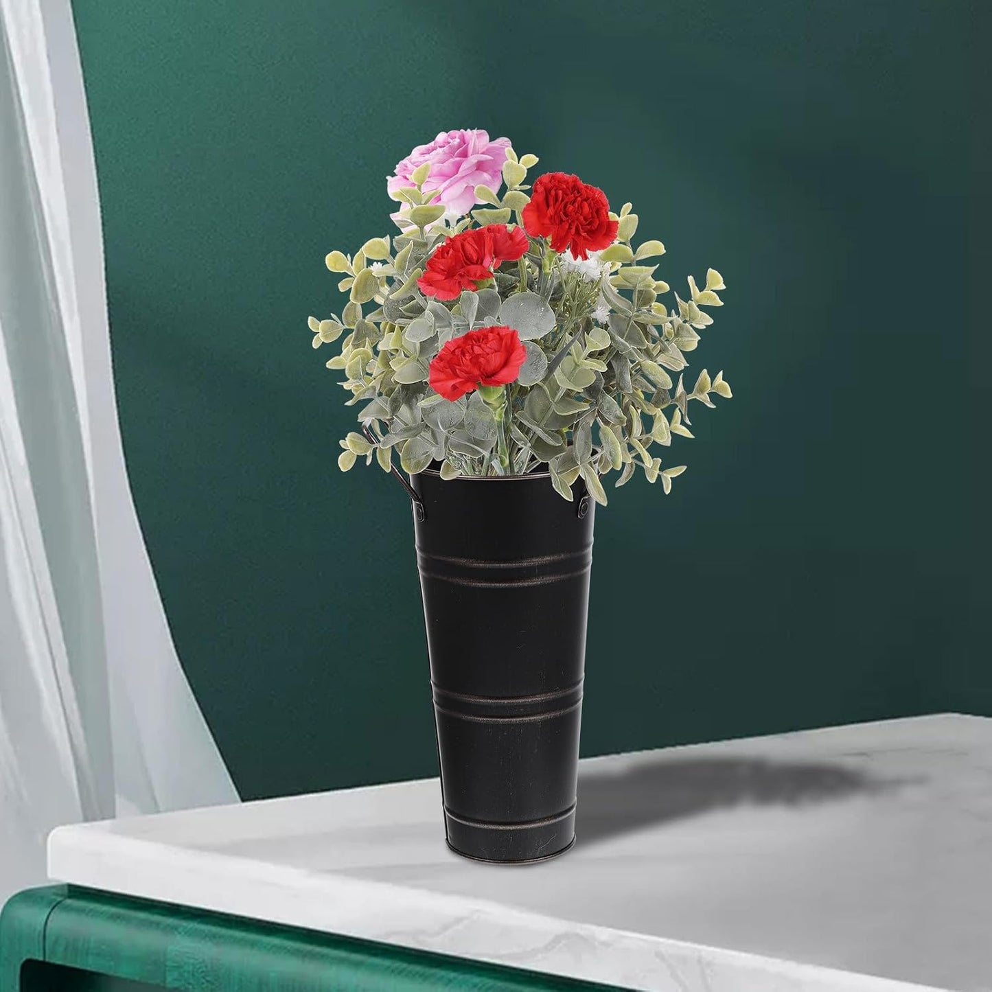 Milisten Vintage Retro Iron Flower Bucket with Handle, Leak-Proof Meta