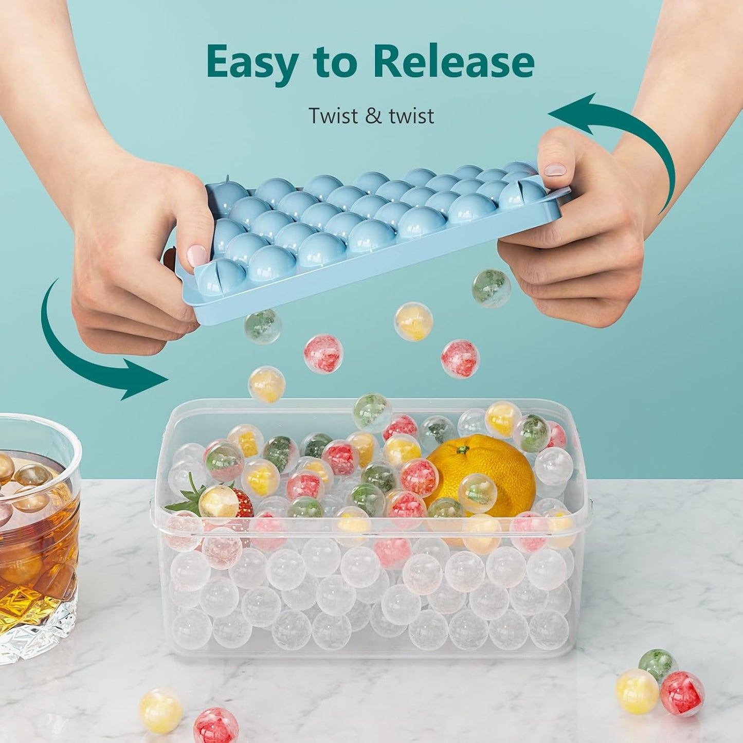 3 Pack Ice Trays for Freezer, 99 PCS Ice Cube Tray with Lid and Bin, Round Ice Cube Mold, Circle Ice Maker for Chilling Drinks (0.8 inch, Blue)