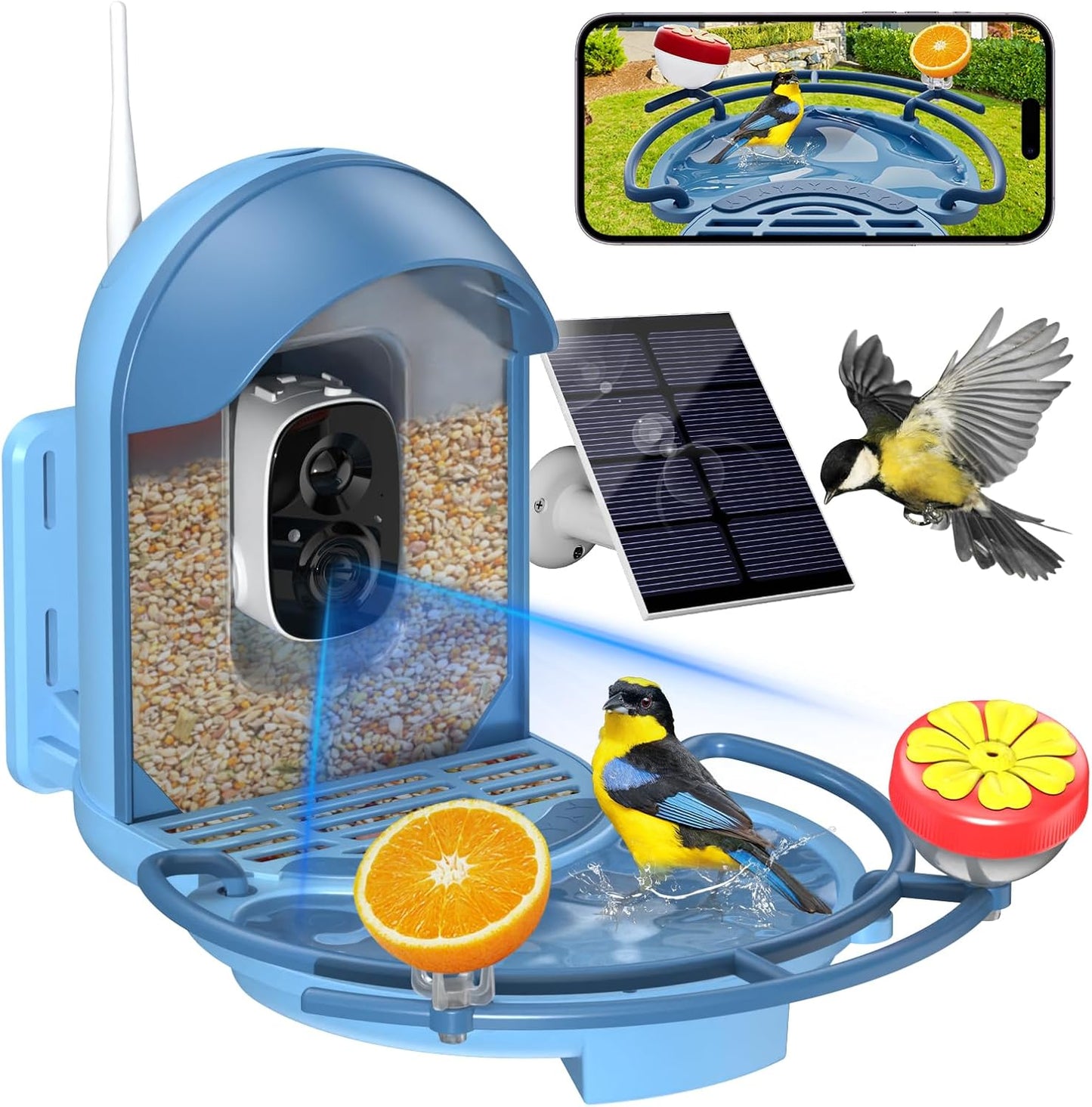 Bird Feeder with Camera, 2K HD Camera Birds Feeder with Bath Wireless Outdoor, Solar Powered Bird Watching with APP Control, Night Vision, Motion Detection Alerts, IP66 Birdfeeder for Backyard, Blue