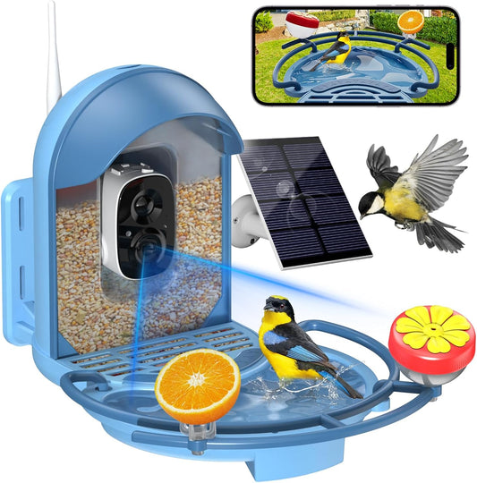 Bird Feeder with Camera, 2K HD Camera Birds Feeder with Bath Wireless Outdoor, Solar Powered Bird Watching with APP Control, Night Vision, Motion Detection Alerts, IP66 Birdfeeder for Backyard, Blue