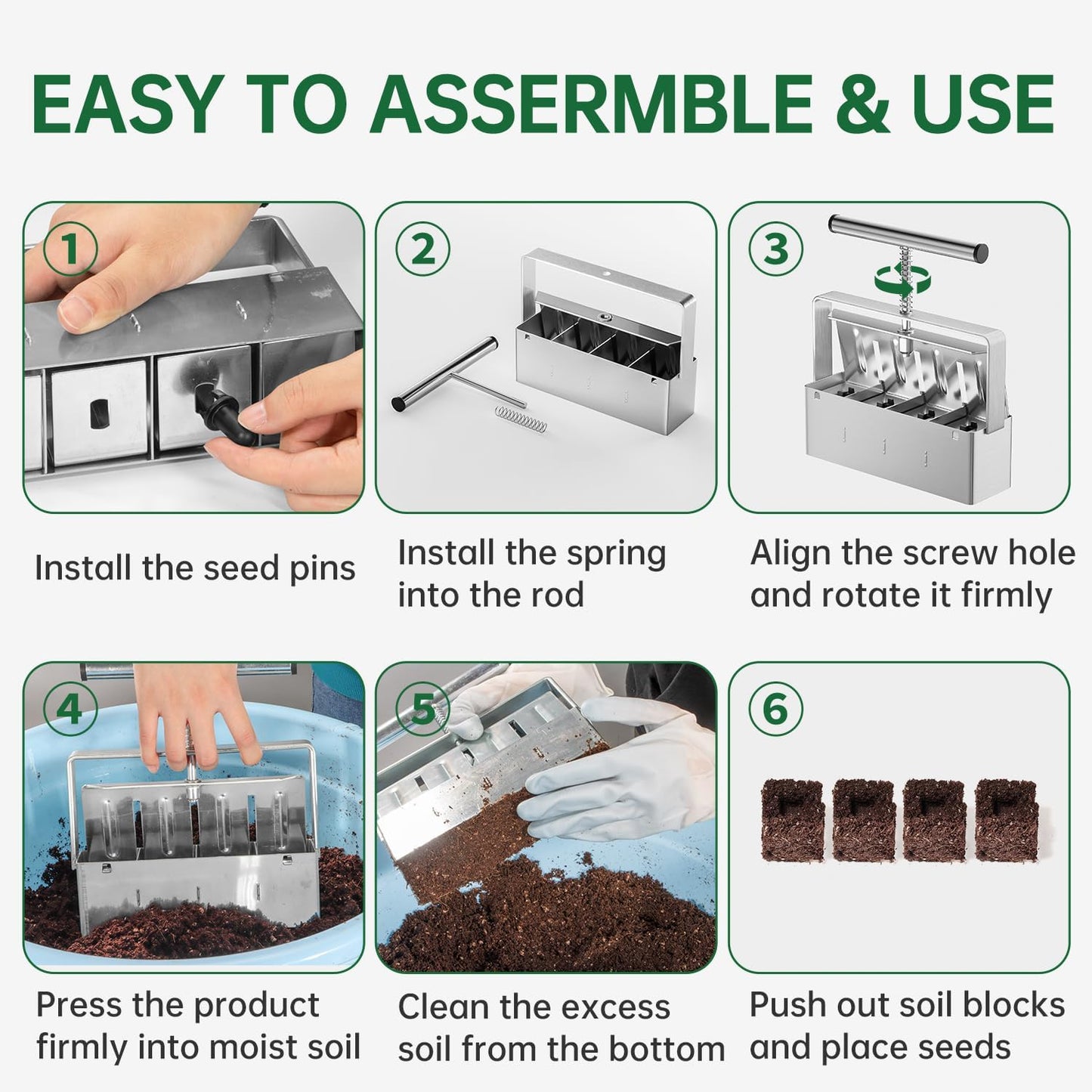 Soil Blocker, 2 Inch Soil Block Maker with 3 Sizes Seed Pins & Comfort