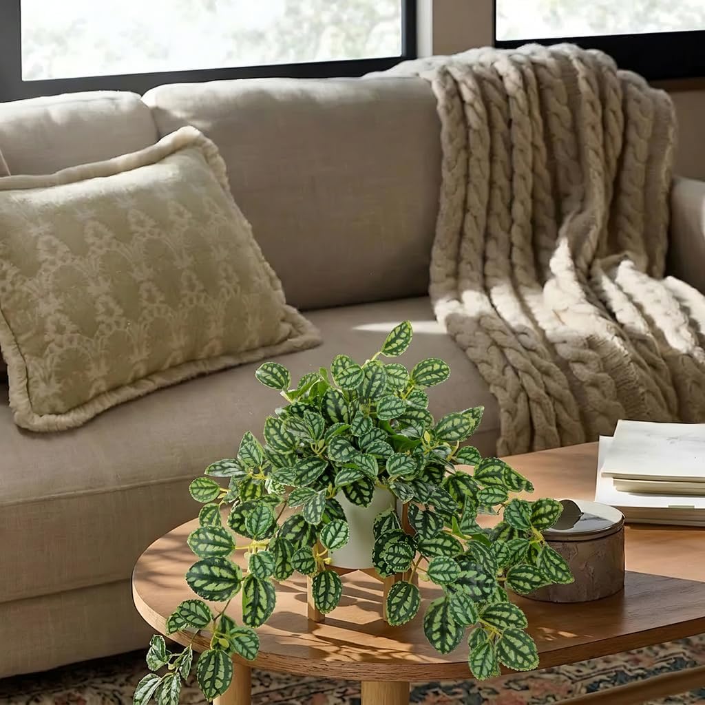 Fake Hanging Plants in Ceramic Pot with Wooden Stands,Artificial Ivy Leaves Plant Faux Greenery Vine Plants for Home Bedroom Office Table Shef Desk Indoor Outdoor Decor Green