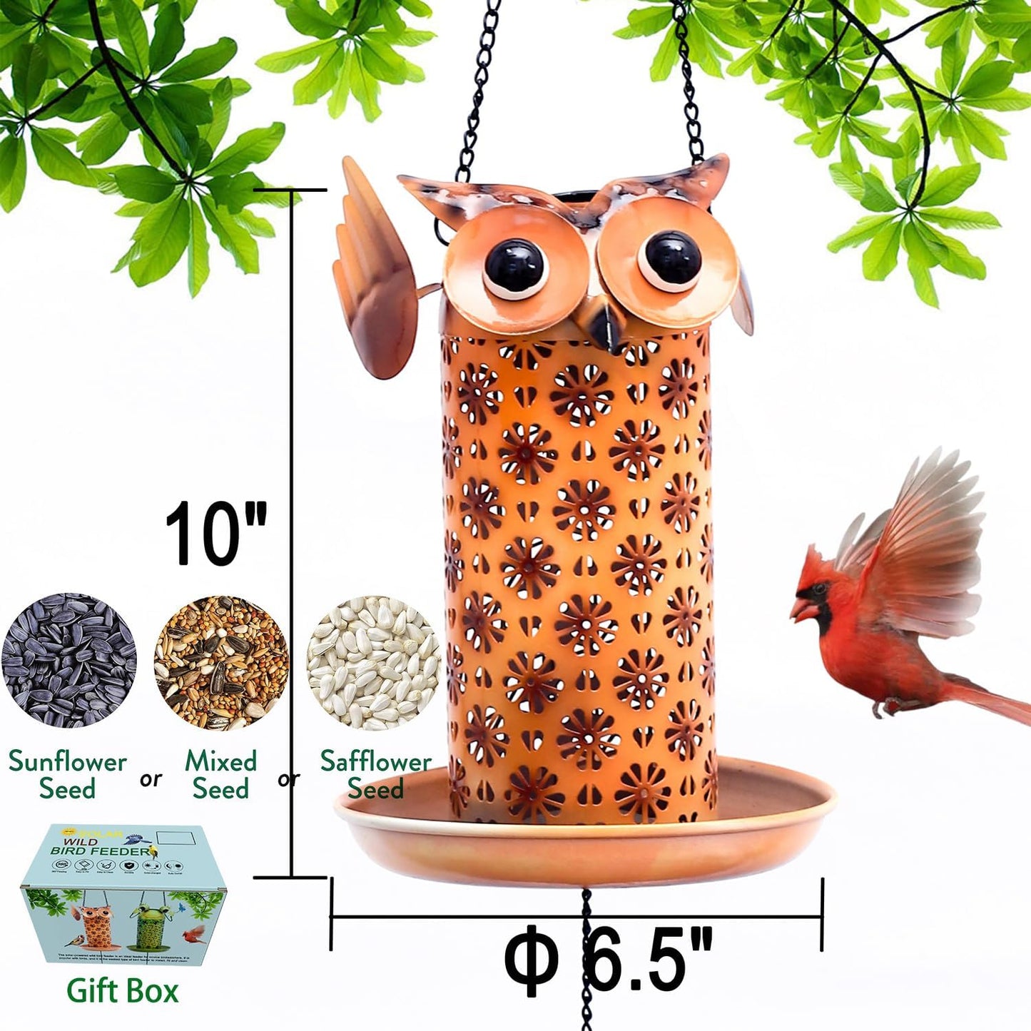Solar Owl Bird Feeder for Outdoors Hanging - Metal Outside Wild Bird Feeders,Solar Light, Garden Backyard Decoration,Gifts for Bird Lovers,Family, Friends,Elderly.10 High x 6.5" Dia