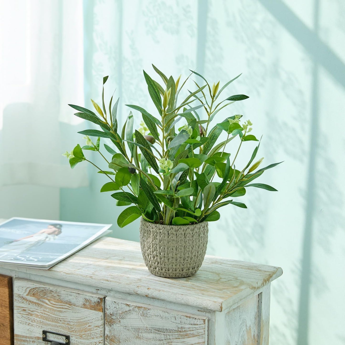 12.8'' Artificial Olive Branches with Grenn Eucalyptus Faux Plant with Lifelike Olives in Gray Luxury Woven Stripe Cement Planter Fake Plant for Home Office Decor Indoor Outdoor