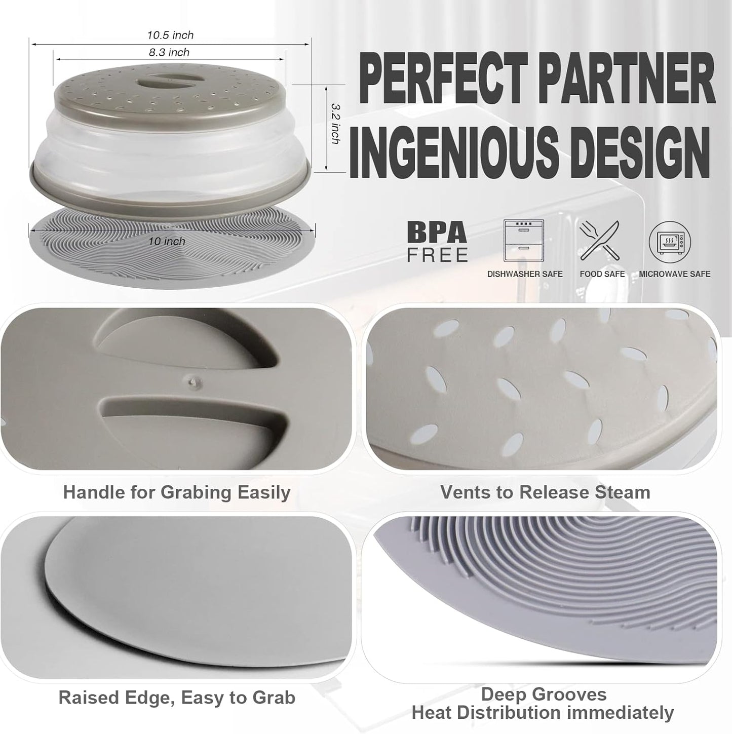 2 in 1, Aidacom Microwave Place Mat & Food Cover- Mat as Bowl Holder, for Splatter Guard, Multi-use: Silicone Trivet, Pot Holders, Drying, Baking, Utensils Rest for Kitchen Counter, Grey