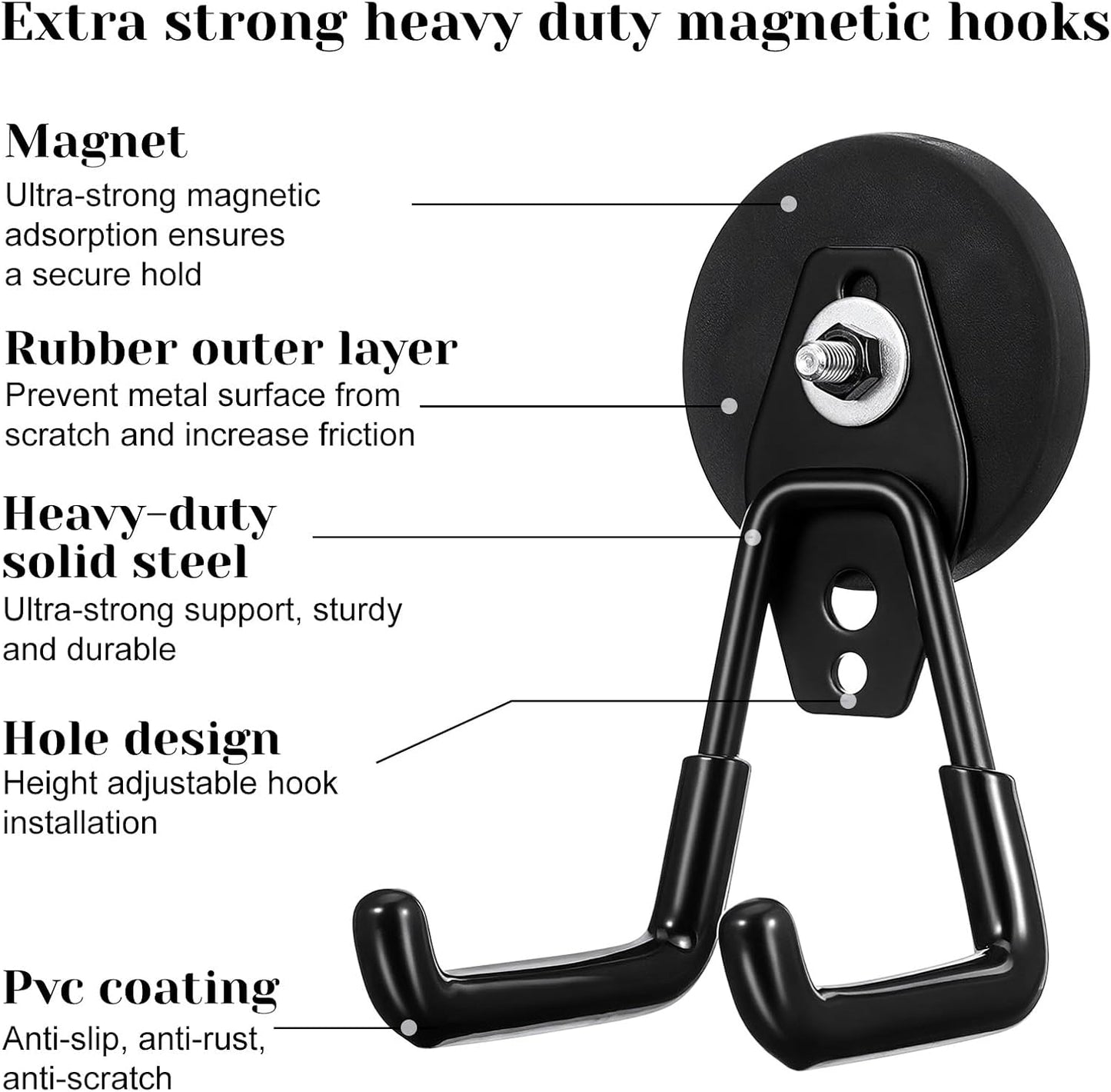 4Pcs Heavy Duty Storage Magnetic Utility Hooks Large Garage Strong Extra Magnet Hooks Hanger with Anti-Slip Coating Heavy Duty Magnetic Hook for Hanging Power Dril Garage Garden Tools Black