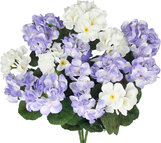 3 Pcs Artificial Flowers for Outdoors Silk Geraniums Flowers UV Resistant Realistic Faux Geraniums for Outdoor Planters Pot Patio Garden Hanging Basket Porch Indoor Decor Light Purple and White