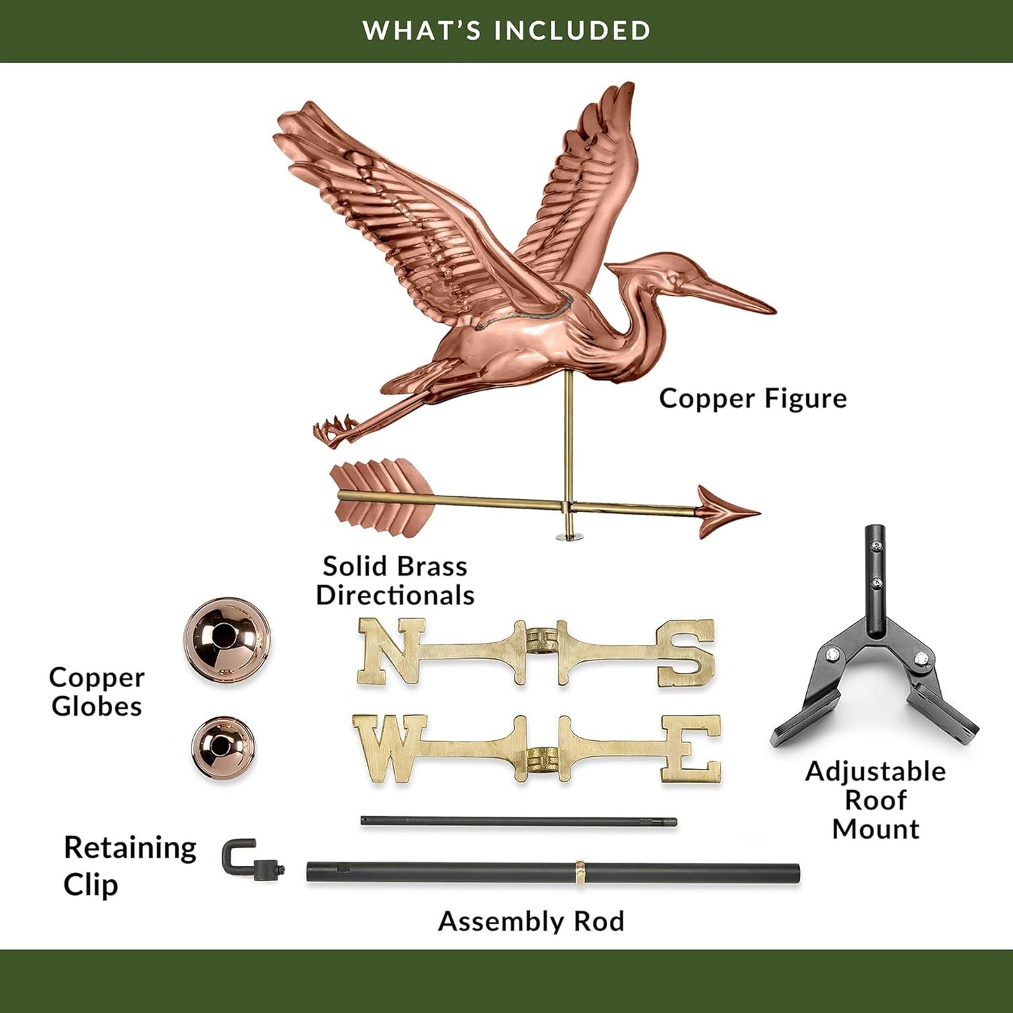 Good Directions 3-Dimensional Blue Heron Copper Weathervane, with Arrow, Includes Adjustable Roof Mount for Easy Installation - Hand-Polished Copper