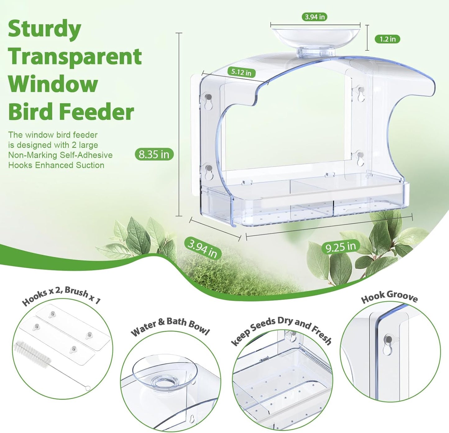 Goodeco Clear Window Bird Feeder - Outdoor Window Feeder with Bird Water Bowl & Strong Self-Adhesive Hooks for Outside Watchings - with a Brush, Easy to Clean, Ideal Gifts for Mom Parents