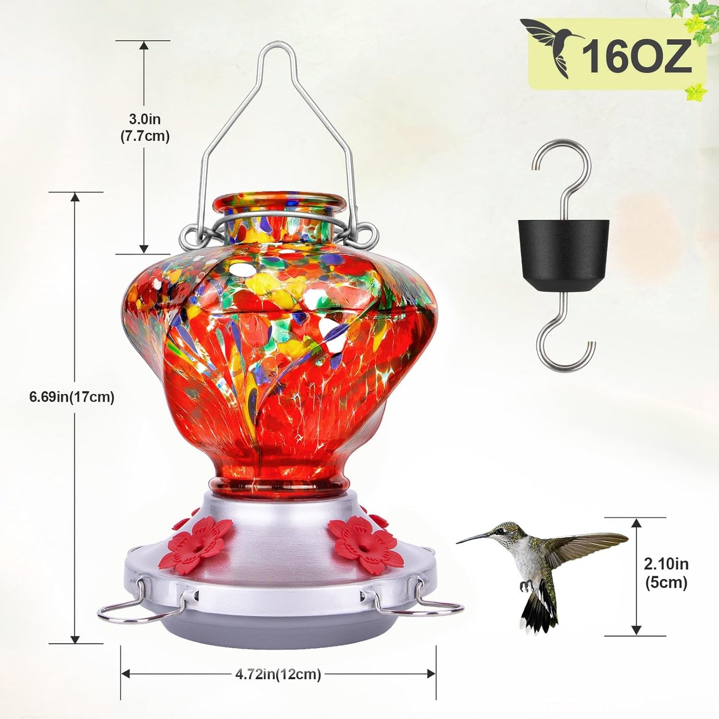 Hummingbird Feeder for Outdoors with Ant Moat, Hummingbird Feeder, Hand Blown Glass, 4 Bee Guard Feeding Ports with Perch, Outdoor Garden Décor, 16OZ, Red, Gifts for Mom Wife Dad Men Women