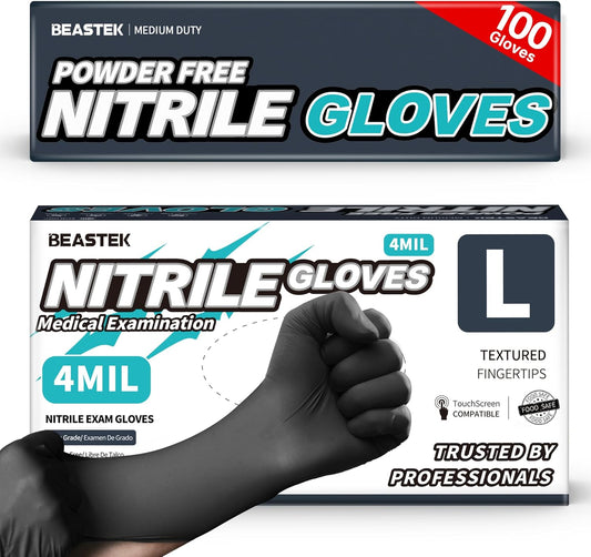 Beastek Black Disposable Nitrile Exam Gloves 100 Pcs 4Mil Chemical Res