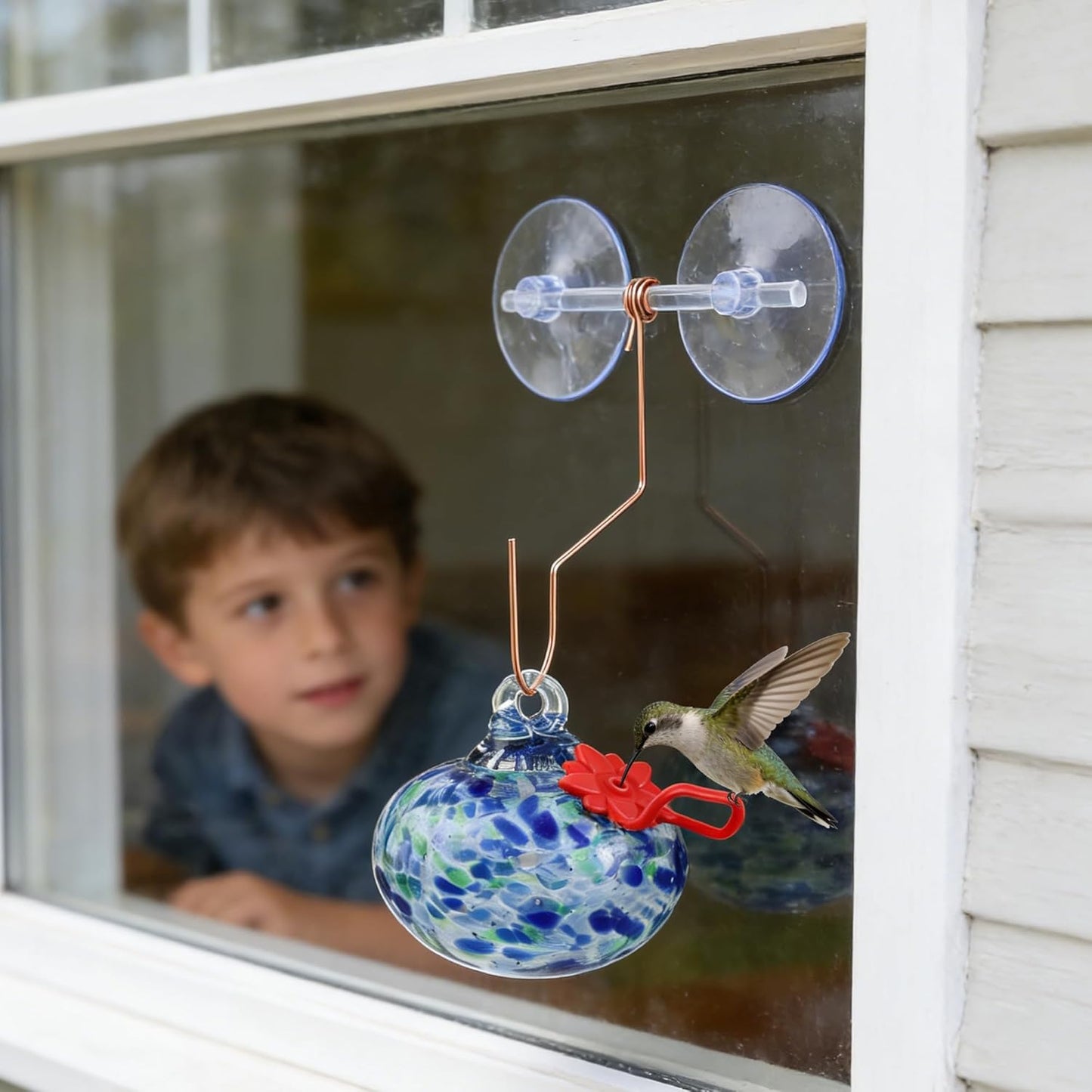 3inch Blown Glass Hummingbird Feeder with Suction Cups for Outdoor Glass Humming Bird Feeders with Hooks Garden Patio Decoration Gifts for Bird Lovers