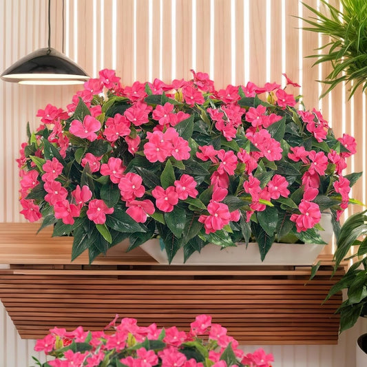 3pcs Artificial Impatiens - Outdoor Faux Flowers for planters, Silk Faux Outdoor Flowers for Patio Lawn Garden Pot Hanging Basket Porch Decoration (Rose Red)