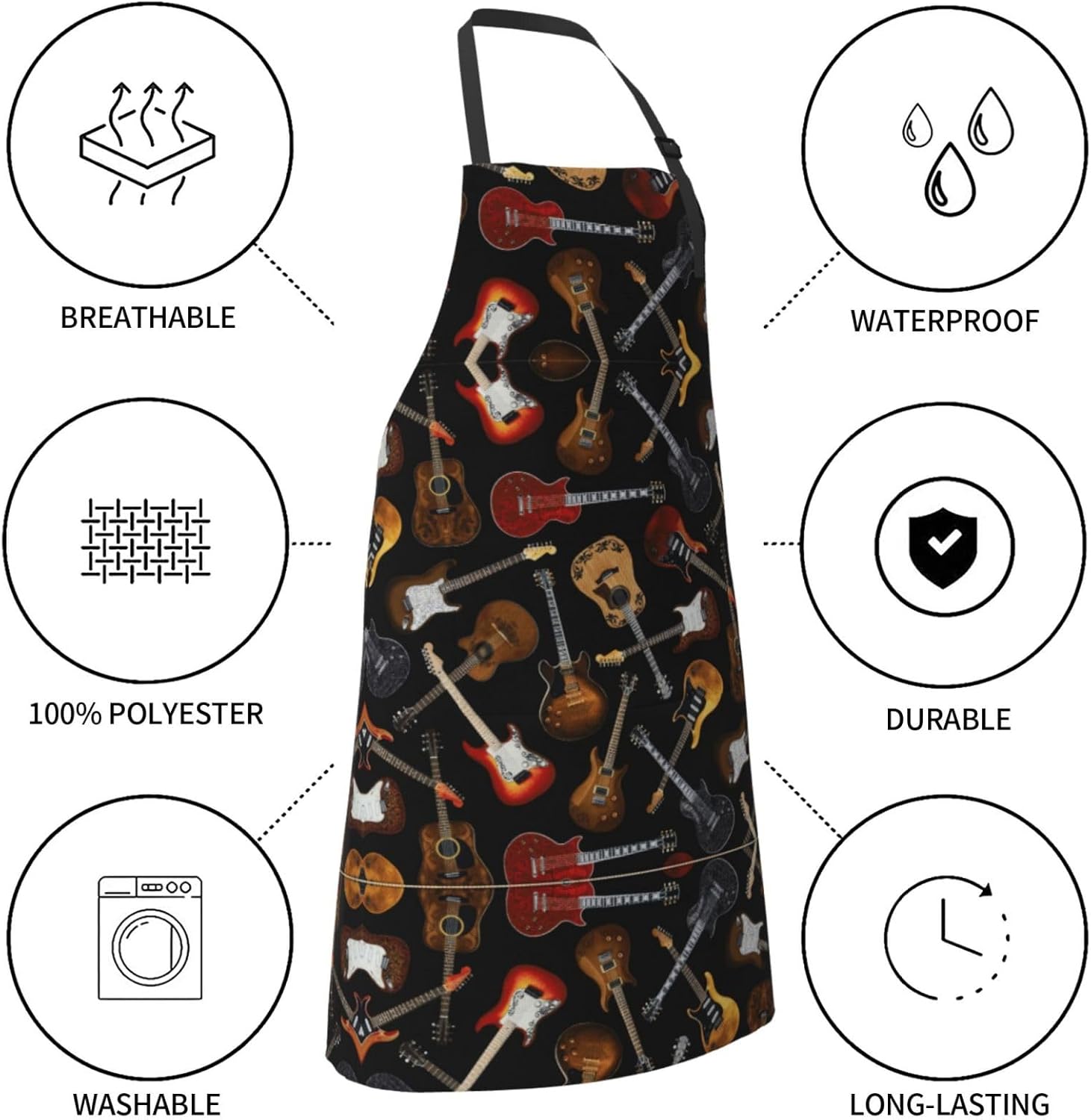 Guitars print Waterproof apron with pocket adjustable cooking apron fo