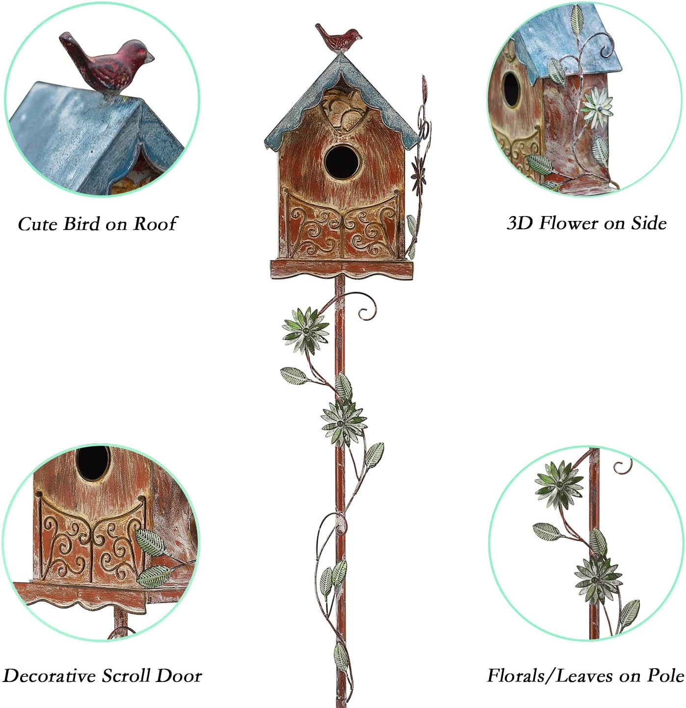 Baroque Cottage Bird House Stake for Outside with Pole, Distressed Metal Birdhouse Stand for Outdoor Garden,Purple