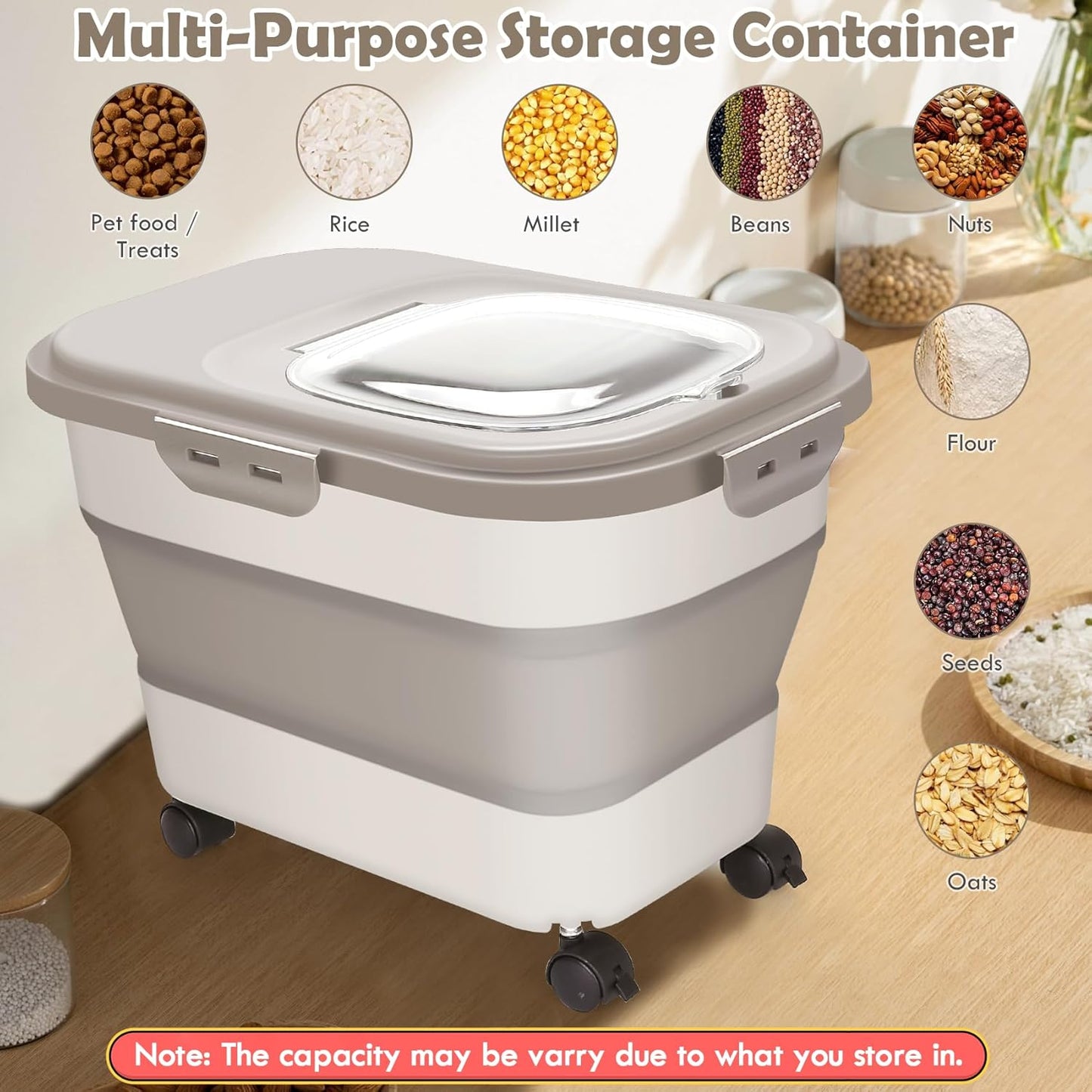 Dog Food Storage Container, 20Lbs Rice Storage Container Dispenser, Airtight Large Pet Cat Food Bin with Wheels, Scoop & Measuring Cup, Collapsible Kitchen Dry Food Holder for Four Sugar Cereal Kibble