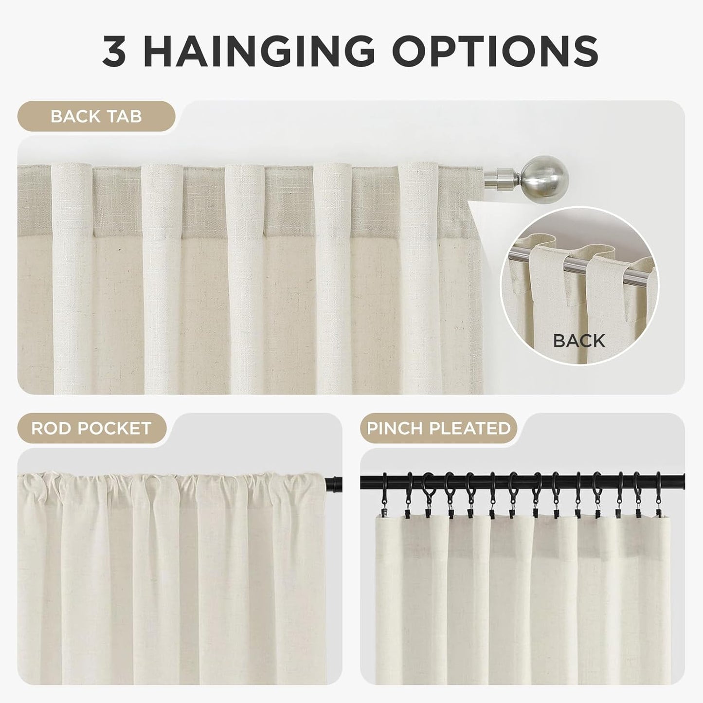 Joydeco Linen Curtains 96 inch Length 2 Panel Set, Light Filtering Curtain for Living Room Bedroom, 52 inch Wide Drapes with Rod Pocket Back Tab (96" Lx52 W, Ivory on Linen)