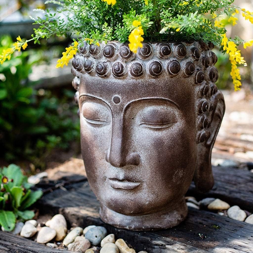 Planter Flowerpot Planter Pots Unique Plant Pots 16.9" Tall Buddha Statue Buddha Head Flower Pot Outdoor Large Planters (35x35x43cm)