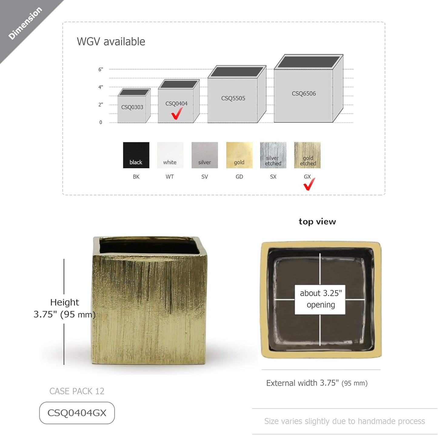WGV Ceramic Cube Vase Width 4" Height 4" (Fits 3" Pot) Elegant Modern Block Square Floral Planter Terrarium Container Table Dresser for Event Accent Home Office Decor Gold Textured 1 Piece