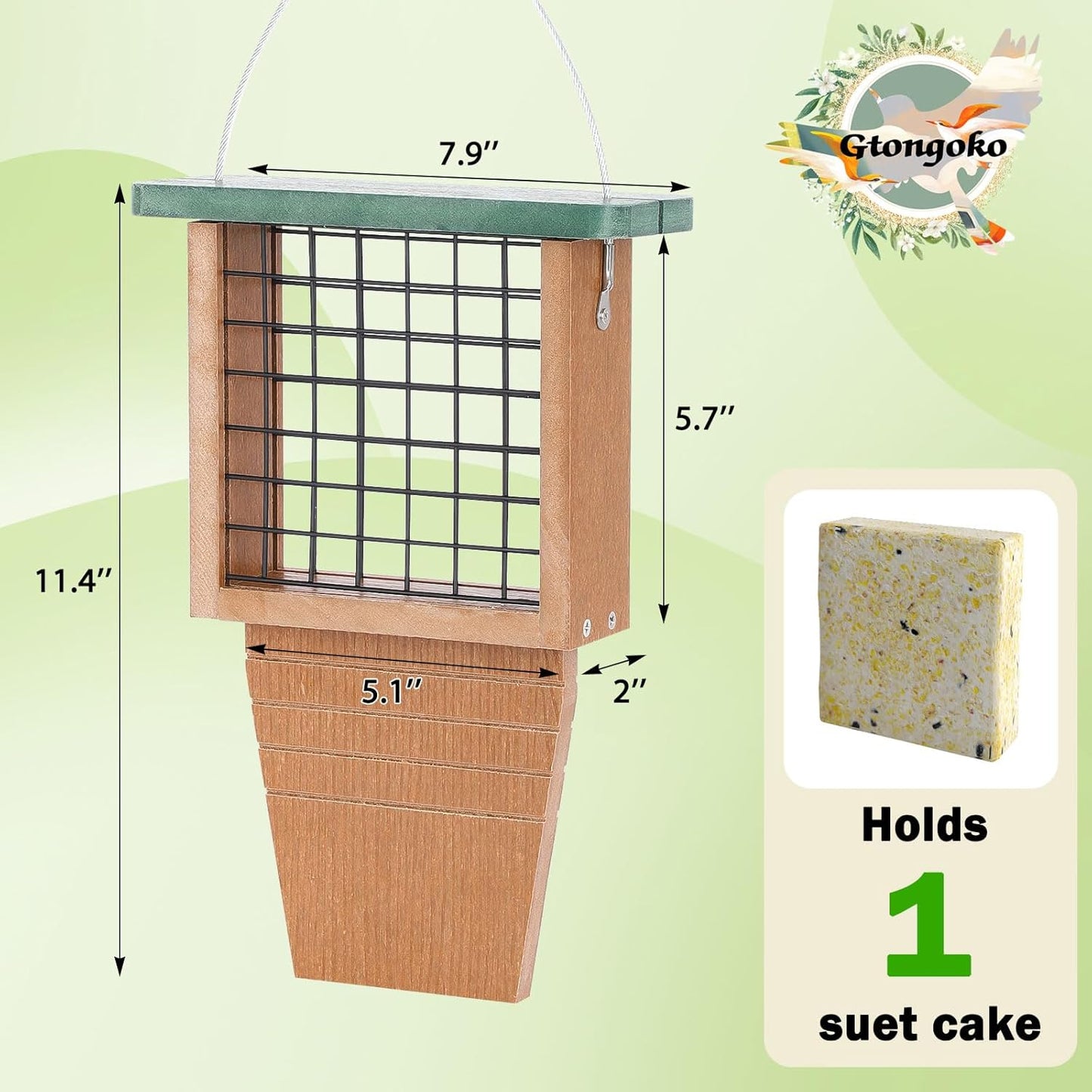 Gtongoko Recycled Plastic Suet Bird Feeder for Outside Hanging, Woodpecker Suet Feeder with Tail Prop, Hanging Suet Holder Birdfeeders, 1 Pack, Green
