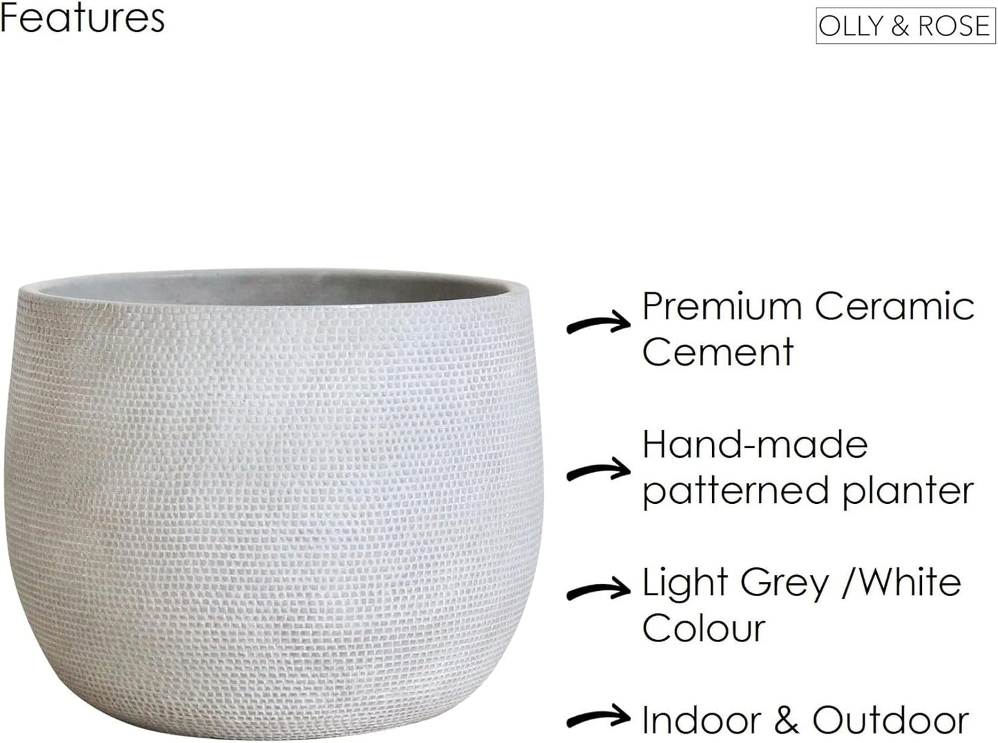 Olly & Rose Barcelona Ceramic Plant Pot Large 25cm 10 Inch - Light Grey Off White Flower Pots - Indoor & Outdoor Planters