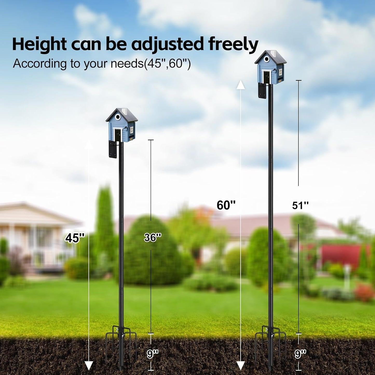 Bird Feeder Pole, 60 Inch Bird Feeder House Pole Stand for Outdoors Heavy Duty Outside Buddy Accessories with 5-Pronged Base, Matte Black, 2 Pack