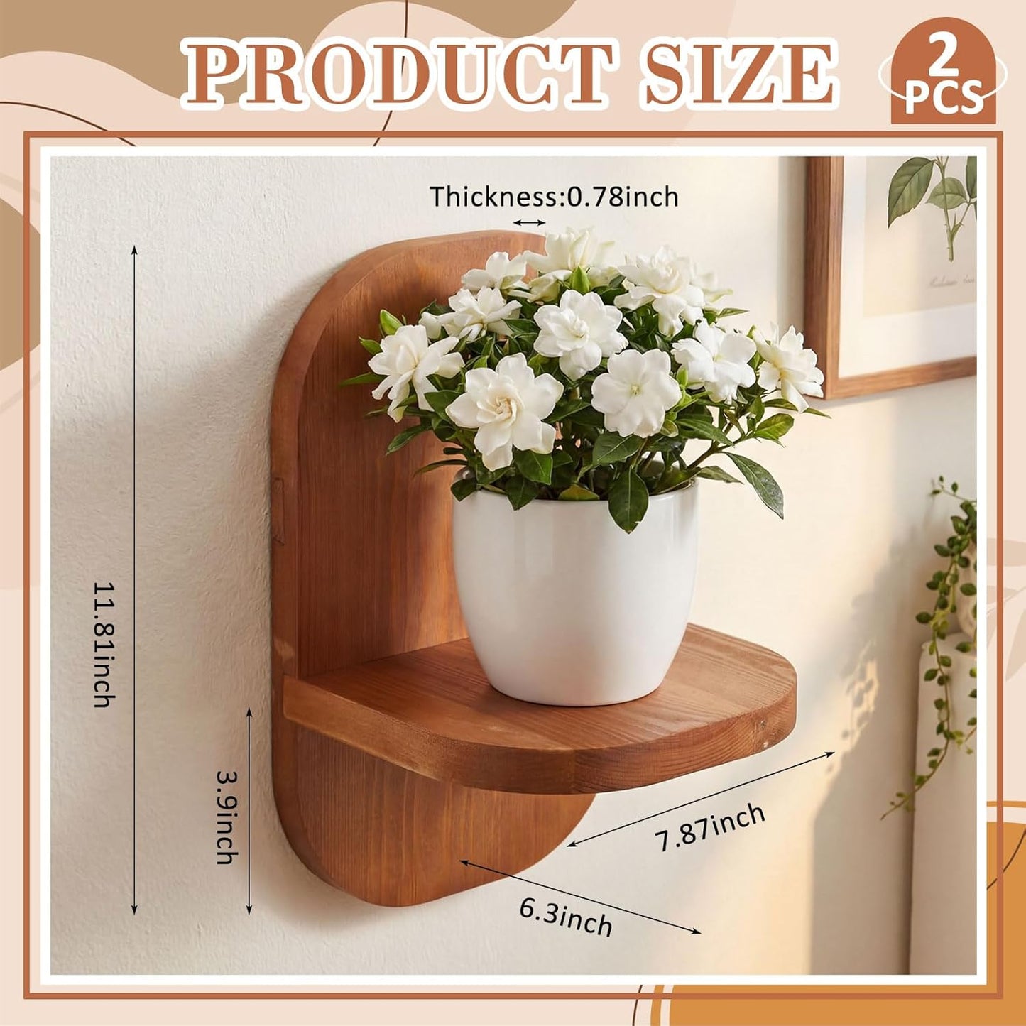 2 Pack Wooden Wall Mounted Plant Holder, Wall Hanging Plant Holders for Indoor Plants Flower Pot Hanging Shelves for Bedroom Living Room Porch Balcony Outdoor Decor